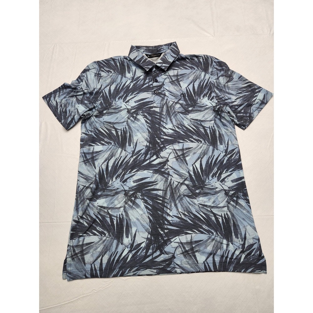Travis Mathew Polo Shirt Mens Large Blue Gray Palm Print Golf Performance Casual